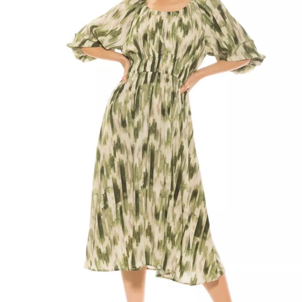 Alexia Admor Emily Balloon Sleeve Fit‎ & Flare Midi Dress Green Print NWT Small